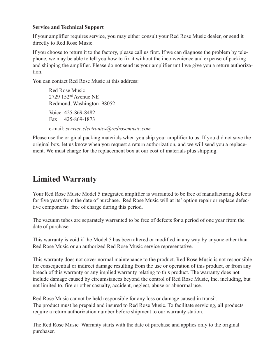 Limited warranty | Red Rose Music 5 User Manual | Page 17 / 17