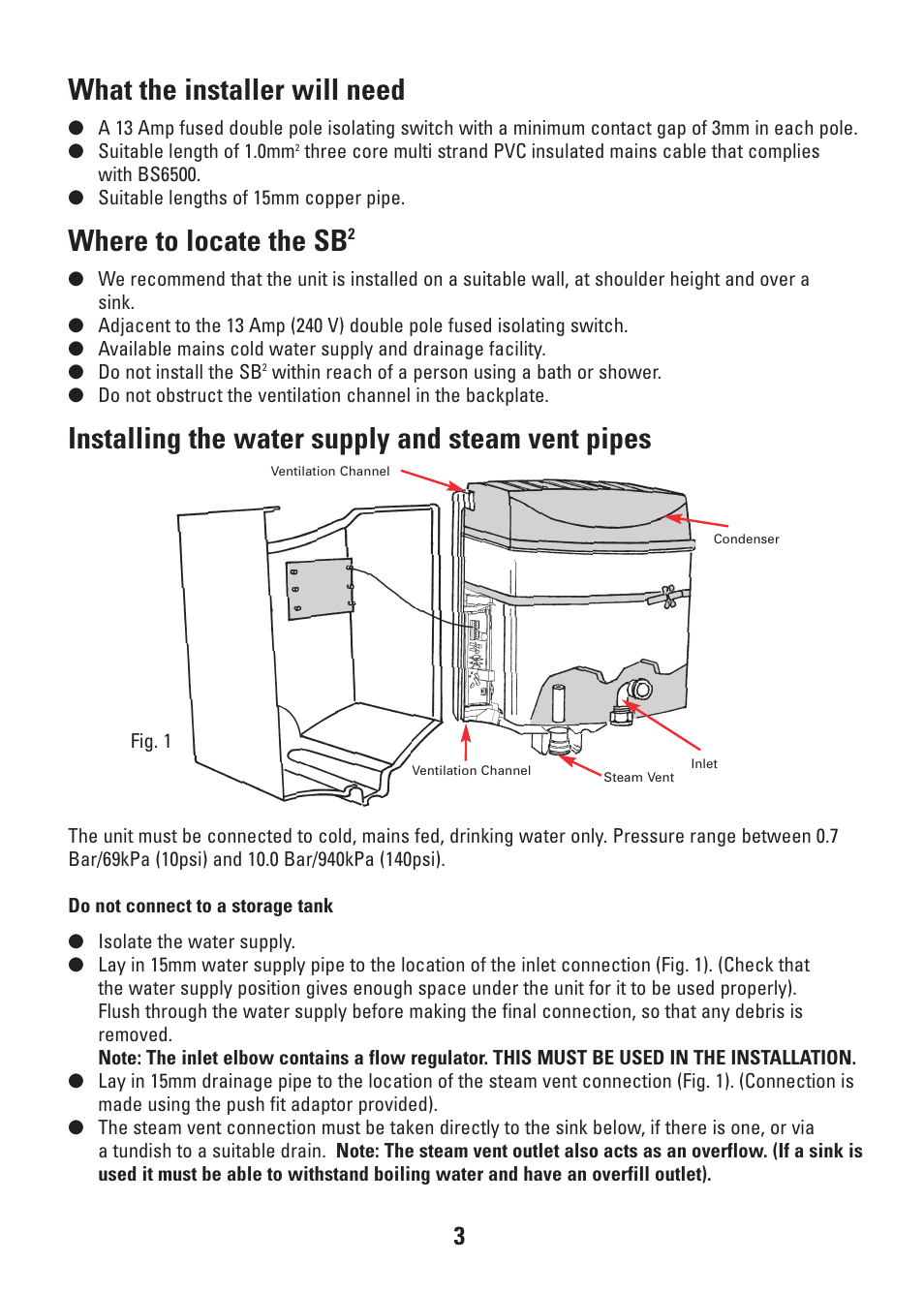 What the installer will need, Where to locate the sb, Installing the water supply and steam vent pipes | Redring CD-RW901SL User Manual | Page 3 / 12