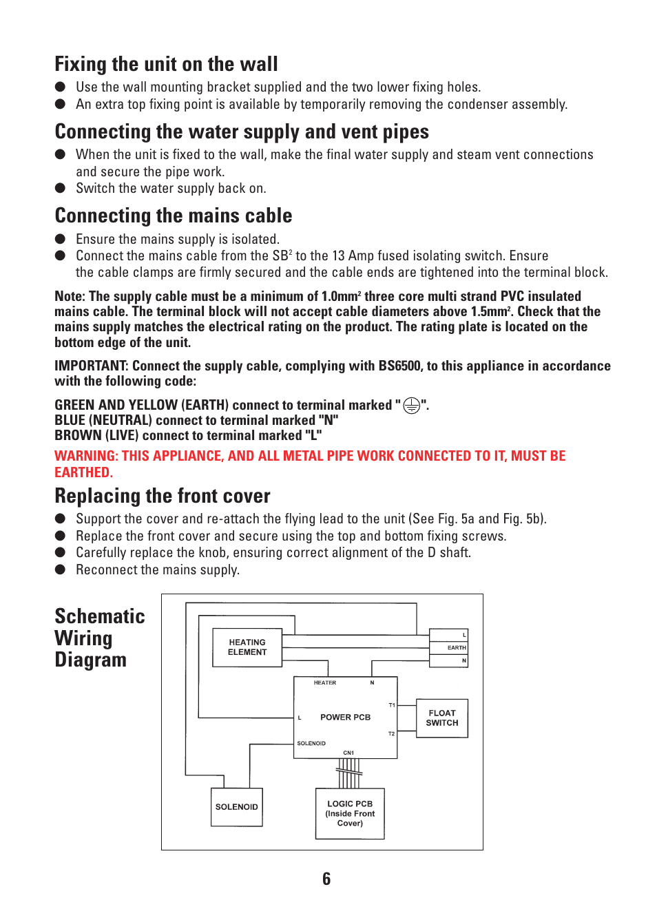 Fixing the unit on the wall, Connecting the water supply and vent pipes, Connecting the mains cable | Replacing the front cover, Schematic wiring diagram | Redring CD-RW901SL User Manual | Page 6 / 12