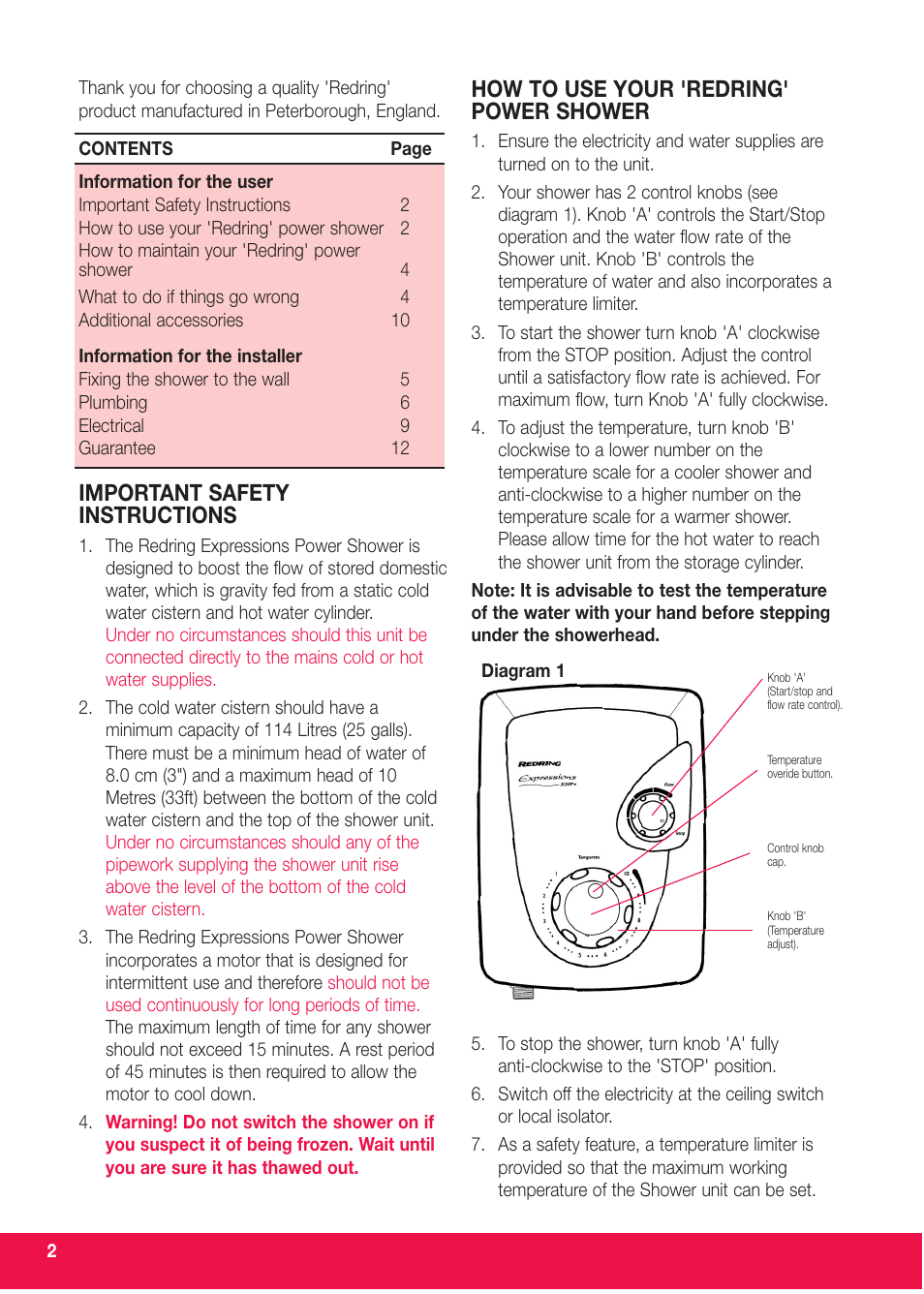 Important safety instructions, How to use your 'redring' power shower | Redring 520M User Manual | Page 2 / 12