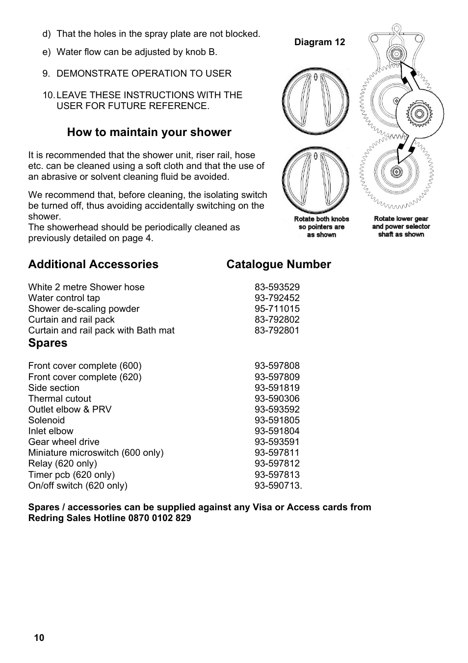 How to maintain your shower, Additional accessories catalogue number, Spares | Redring 620 User Manual | Page 10 / 12