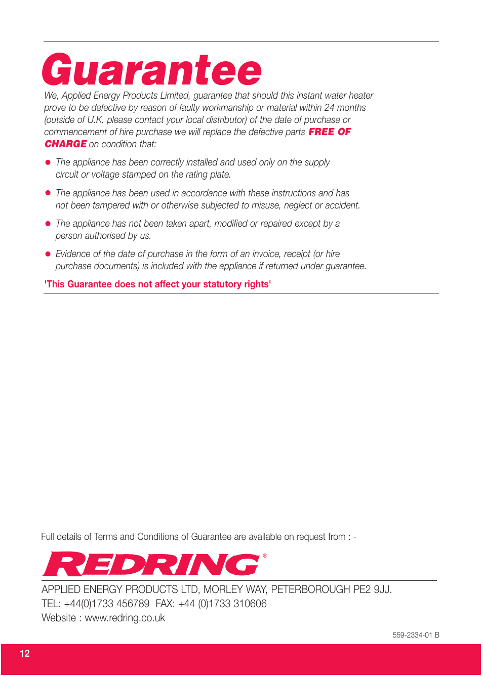 Guarantee | Redring EXPRESSIONS 570 User Manual | Page 12 / 12