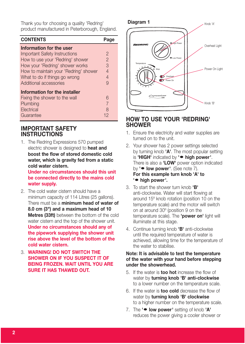 Important safety instructions, How to use your 'redring' shower | Redring EXPRESSIONS 570 User Manual | Page 2 / 12