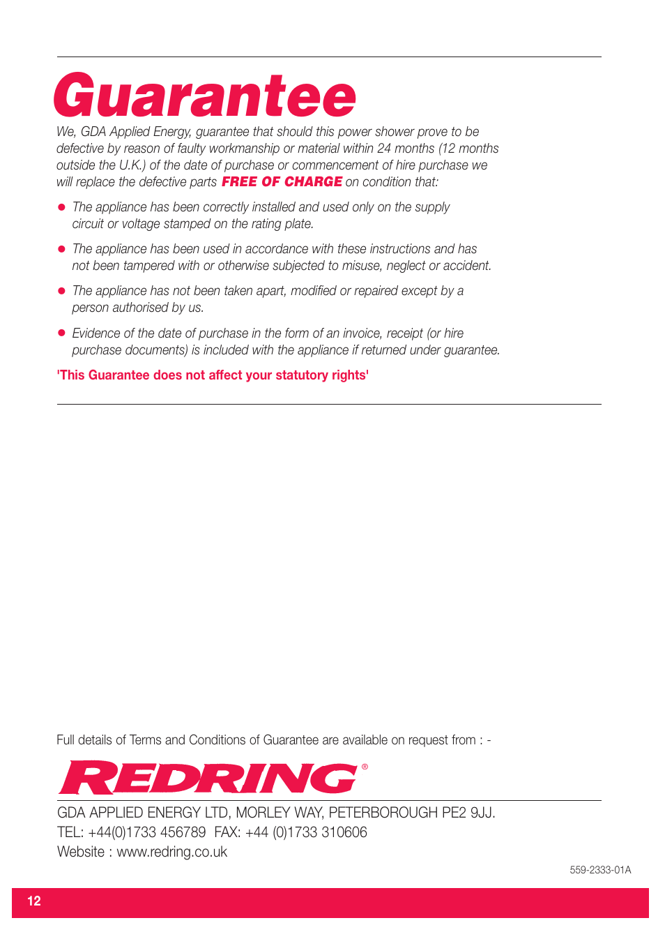 Guarantee | Redring Expressions 520M/520TS User Manual | Page 12 / 12