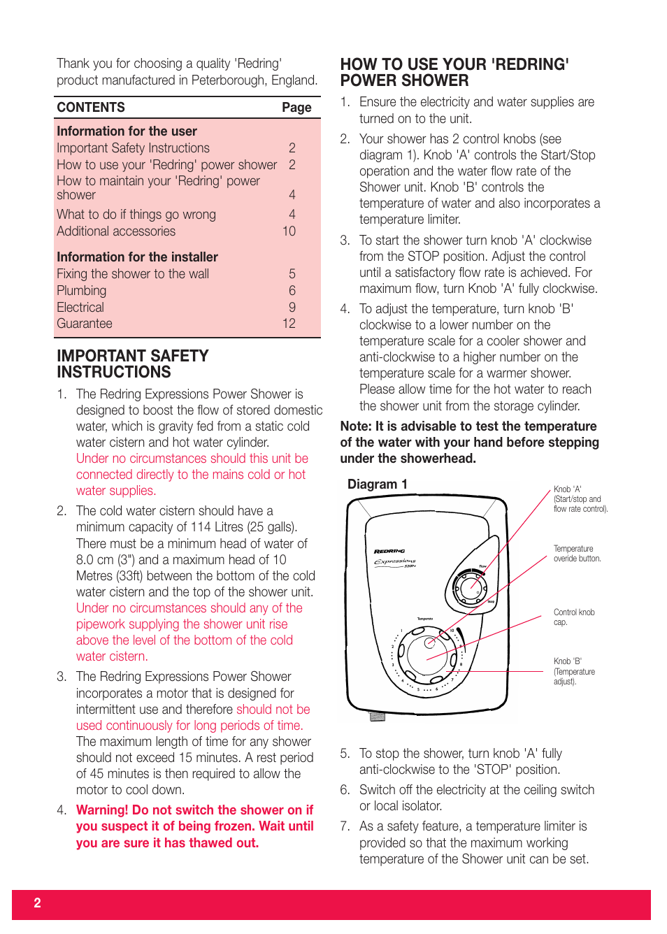 Important safety instructions, How to use your 'redring' power shower | Redring Expressions 520M/520TS User Manual | Page 2 / 12