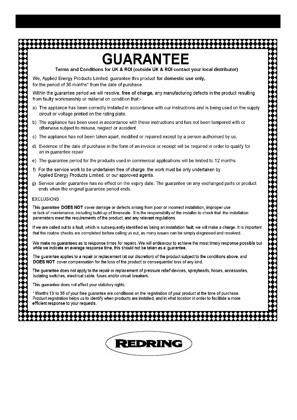 Guarantee and contact details | Redring 350S User Manual | Page 11 / 12