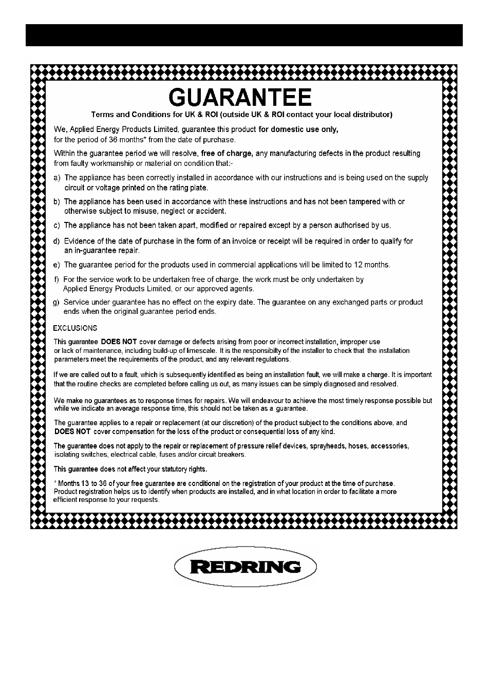 Guarantee and contact details | Redring 550S User Manual | Page 11 / 12