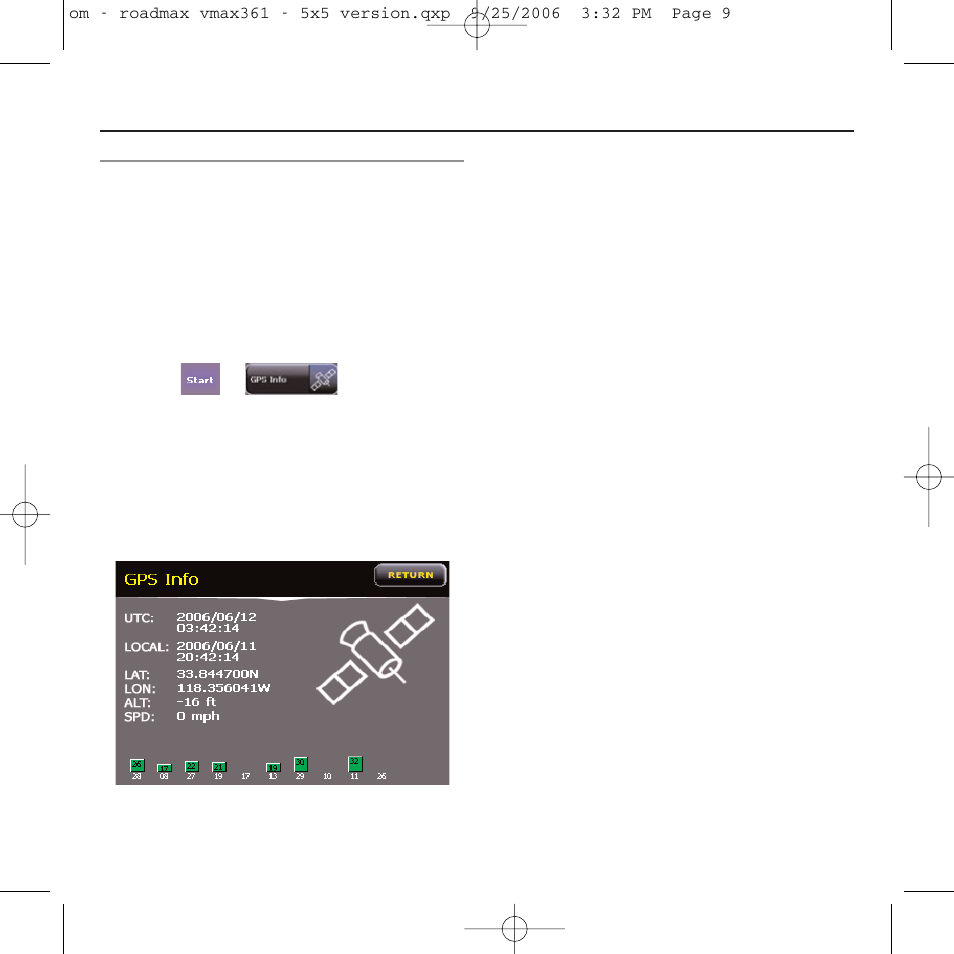 Configuring your vmax361, Menu > gps info | Roadmax VMAX361 User Manual | Page 16 / 36