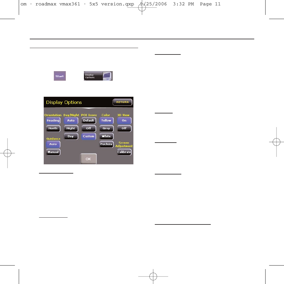 Menu > display options | Roadmax VMAX361 User Manual | Page 18 / 36