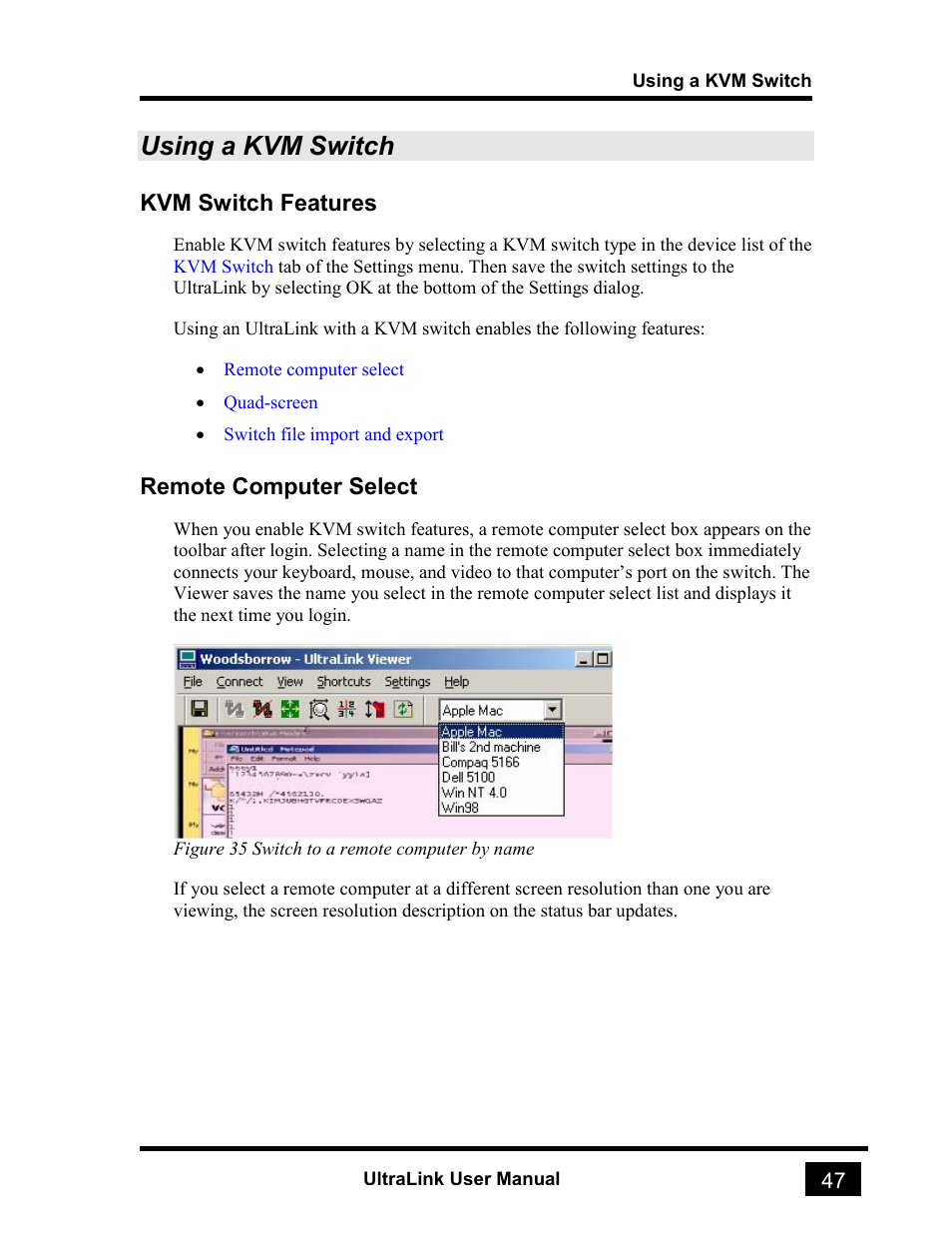 Using a kvm switch, Kvm switch features, Remote computer select | Rose electronic UL-V3 User Manual | Page 65 / 74