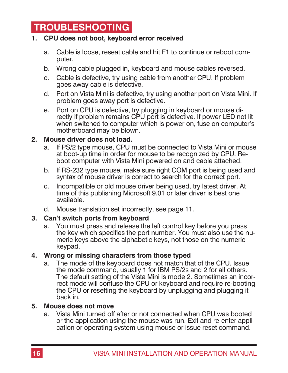 Troubleshooting | Rose electronic Vista Mini User Manual | Page 20 / 24