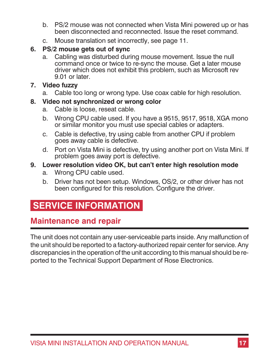 Service information, Maintenance and repair | Rose electronic Vista Mini User Manual | Page 21 / 24