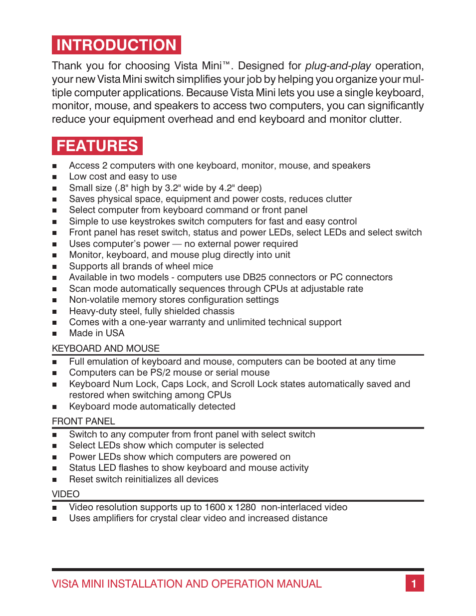 Introduction, Features, 1vista mini installation and operation manual | Rose electronic Vista Mini User Manual | Page 5 / 24