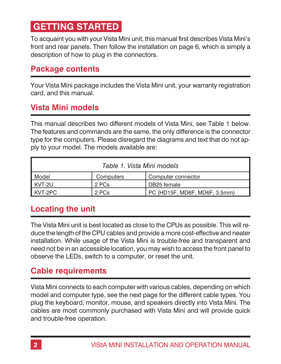 Getting started, Package contents, Vista mini models | Locating the unit, Cable requirements | Rose electronic Vista Mini User Manual | Page 6 / 24