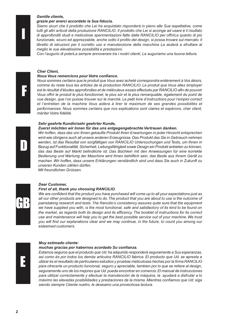 Rancilio Millennium User Manual | Page 2 / 104