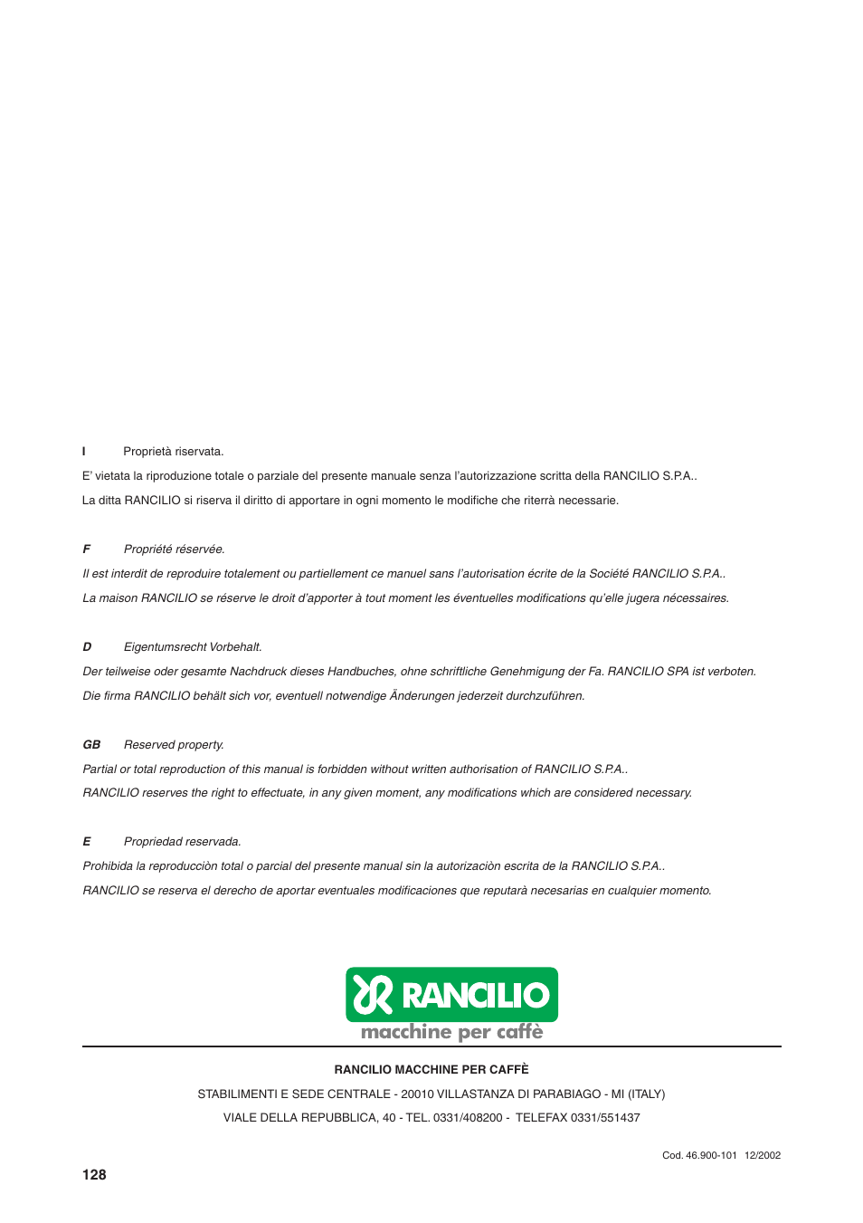 Rancilio S20 User Manual | Page 128 / 128