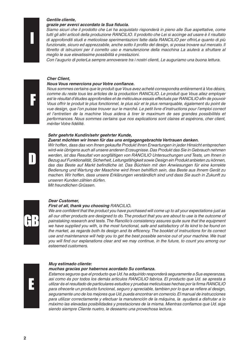 Rancilio S20 User Manual | Page 2 / 128