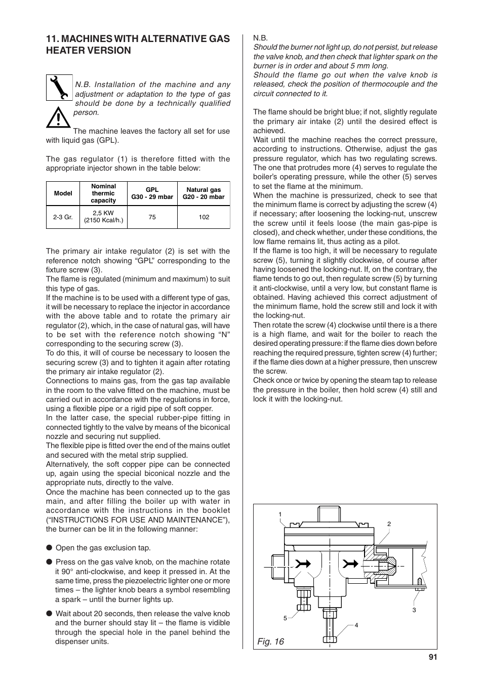 Machines with alternative gas heater version, Fig. 16 | Rancilio S20 User Manual | Page 91 / 128