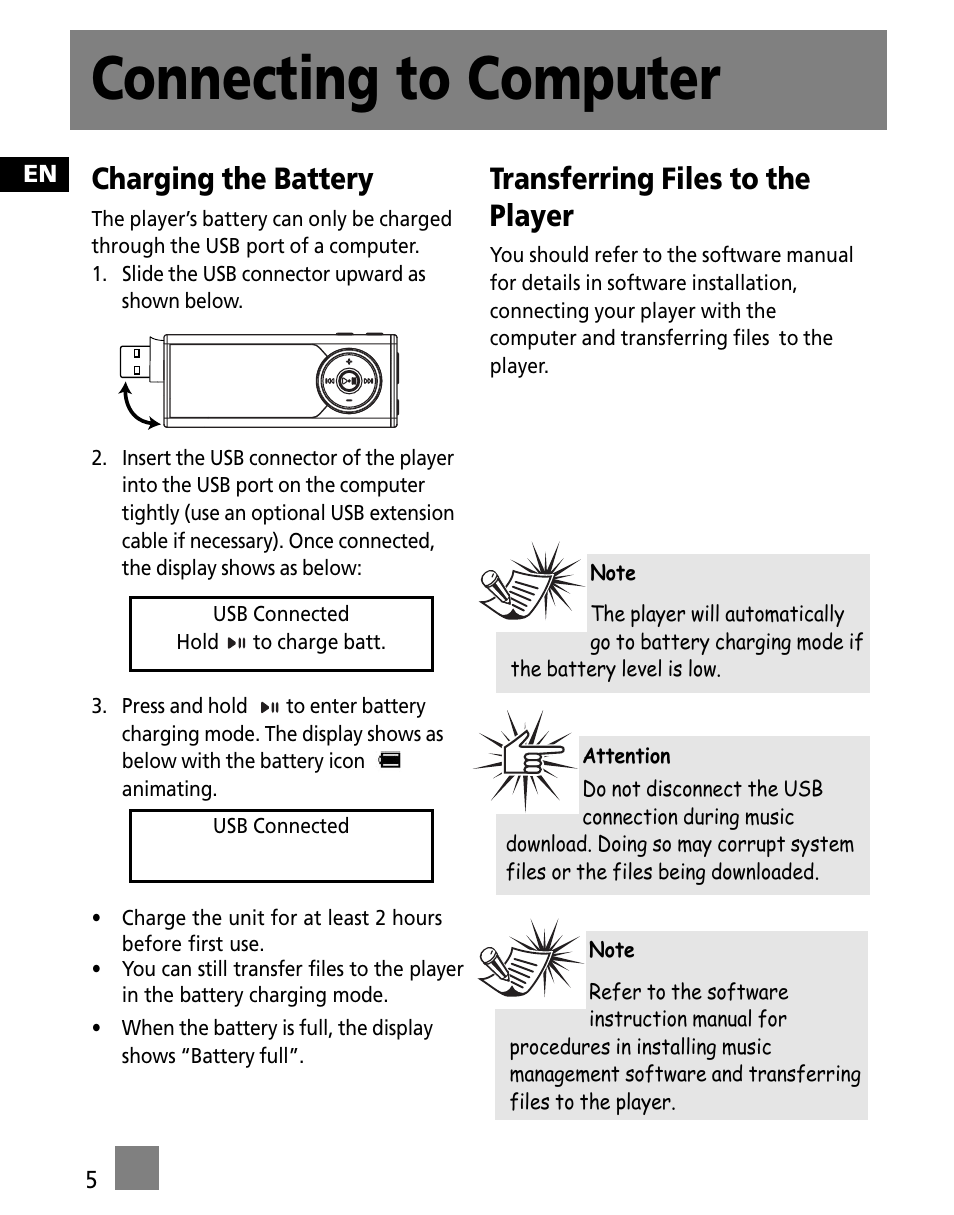 Connecting to computer, Charging the battery, Transferring files to the player | RCA TC1501 User Manual | Page 14 / 48