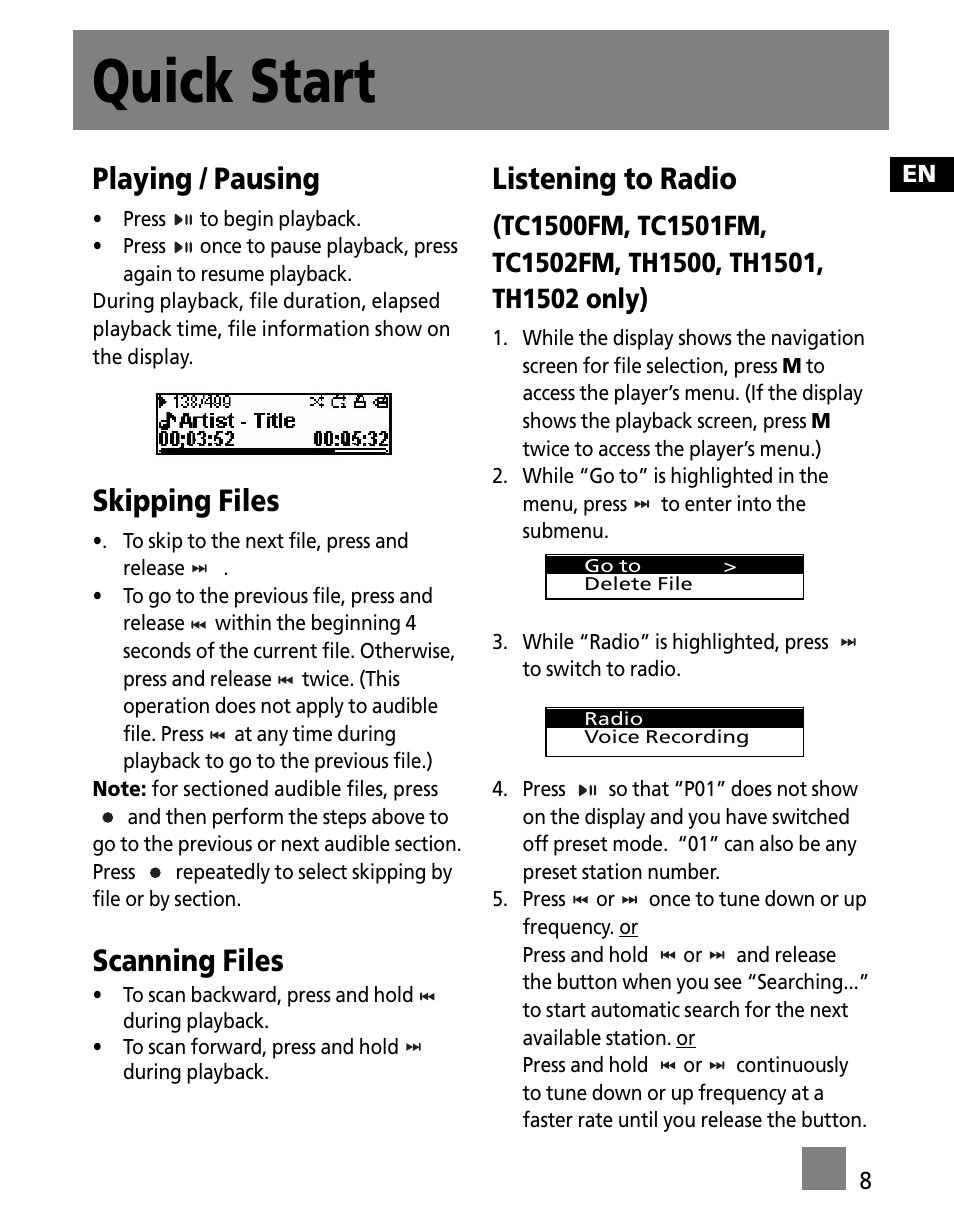 Quick start, Playing / pausing, Skipping files | Scanning files, Listening to radio | RCA TC1501 User Manual | Page 17 / 48