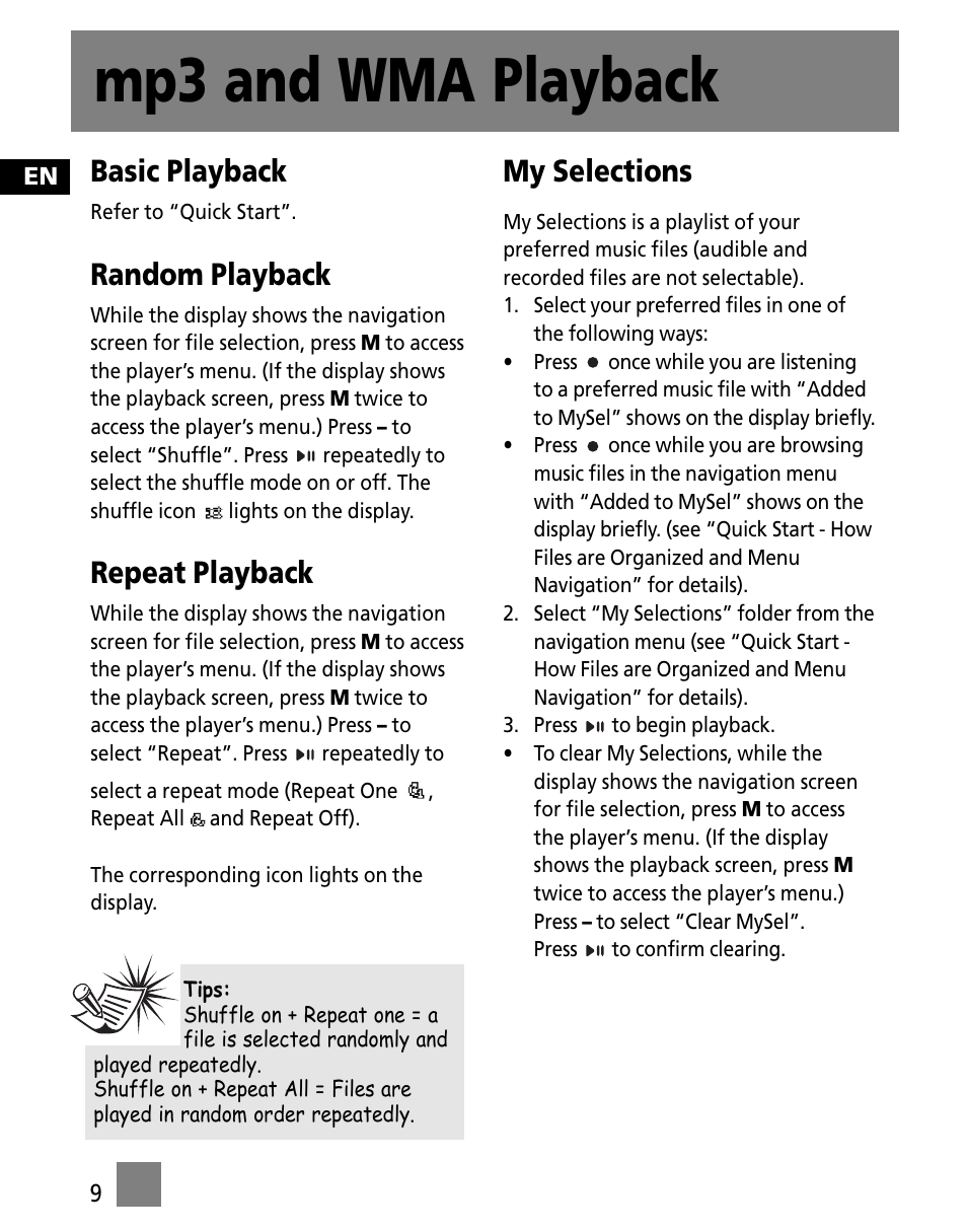 Mp3 and wma playback, Basic playback, Random playback | Repeat playback, My selections | RCA TC1501 User Manual | Page 18 / 48