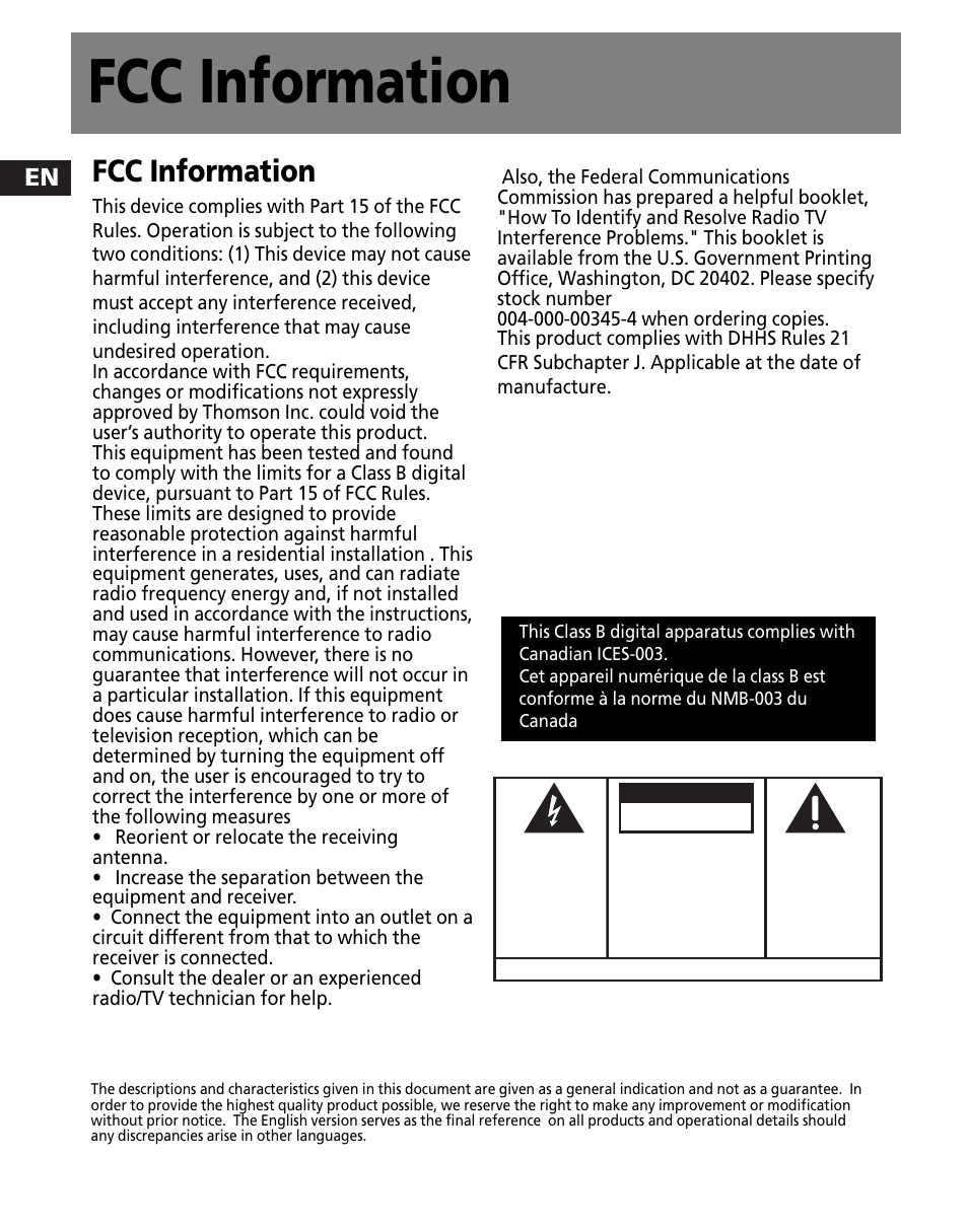 Fcc information | RCA TC1501 User Manual | Page 2 / 48