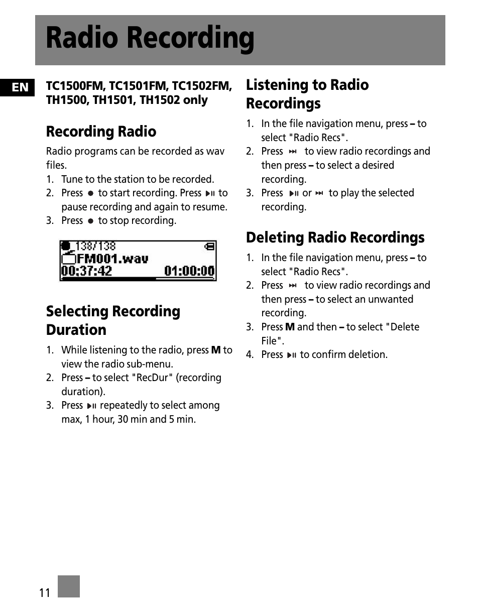 Radio recording, Recording radio, Selecting recording duration | Listening to radio recordings, Deleting radio recordings | RCA TC1501 User Manual | Page 20 / 48