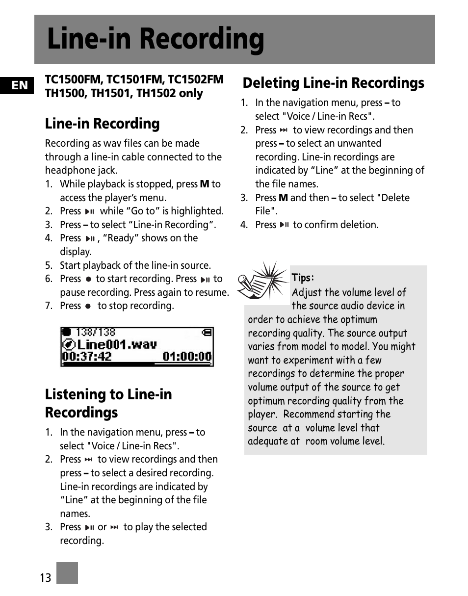 Line-in recording, Listening to line-in recordings, Deleting line-in recordings | RCA TC1501 User Manual | Page 22 / 48