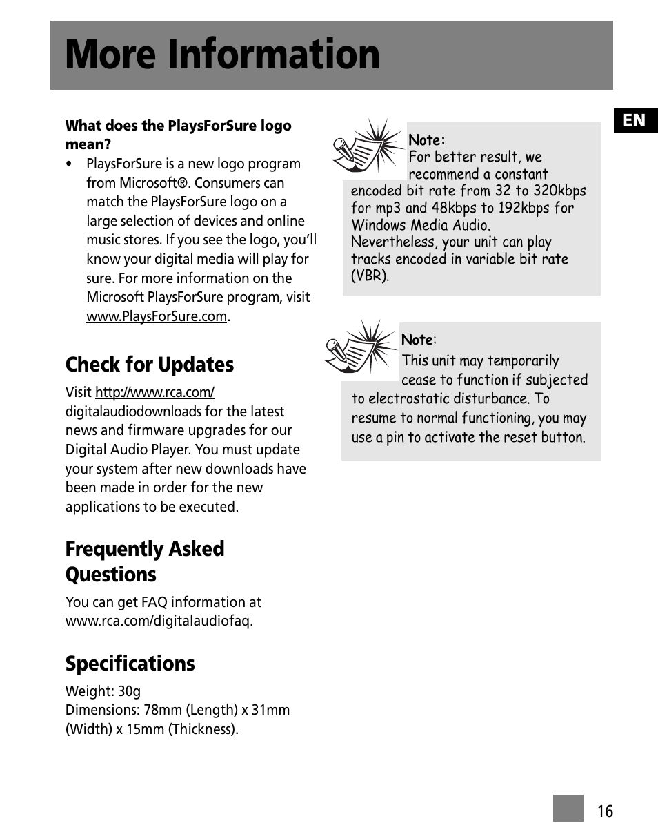 More information, Check for updates, Frequently asked questions | Specifications | RCA TC1501 User Manual | Page 25 / 48