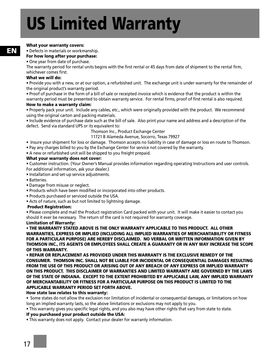 Us limited warranty | RCA TC1501 User Manual | Page 26 / 48