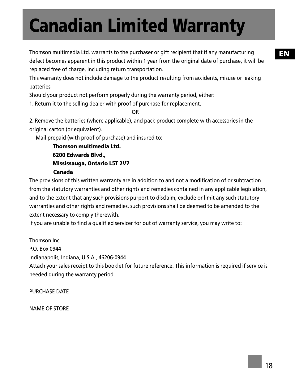 Canadian limited warranty, En 18 | RCA TC1501 User Manual | Page 27 / 48