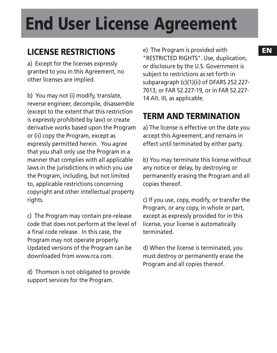 End user license agreement, License restrictions, Term and termination | RCA TC1501 User Manual | Page 31 / 48