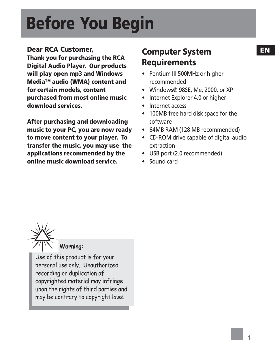 Before you begin, Computer system requirements | RCA TC1501 User Manual | Page 37 / 48