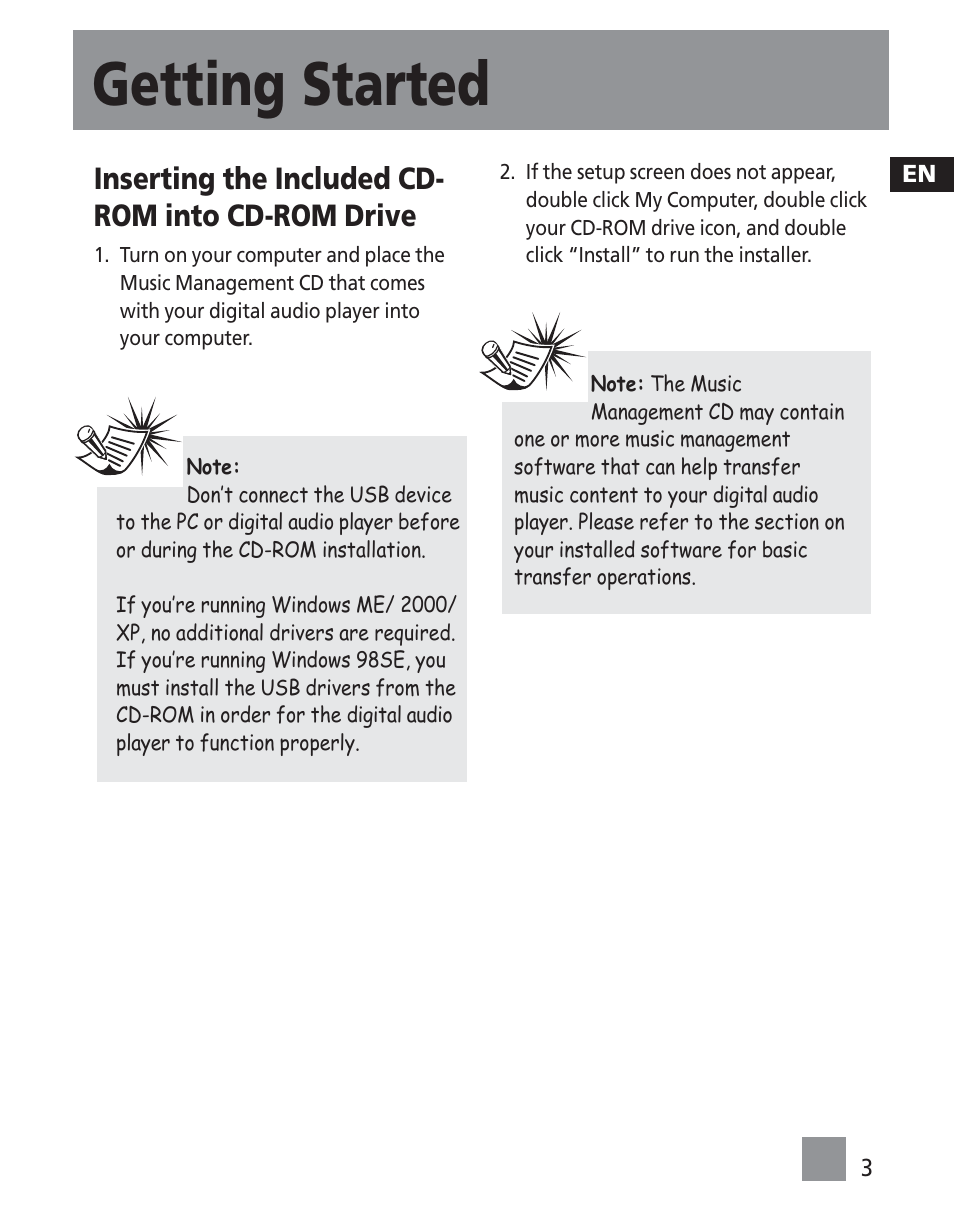 Getting started, Inserting the included cd- rom into cd-rom drive | RCA TC1501 User Manual | Page 39 / 48