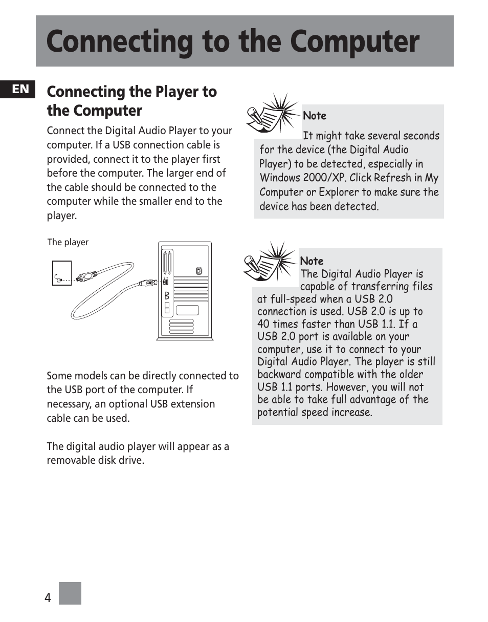 Connecting to the computer, Connecting the player to the computer | RCA TC1501 User Manual | Page 40 / 48