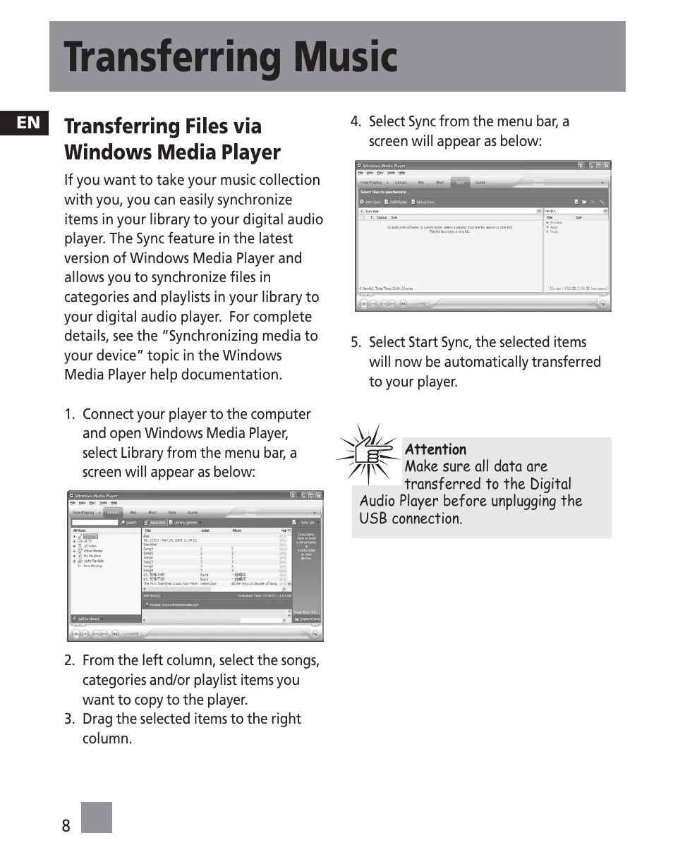 Transferring music, Transferring files via windows media player | RCA TC1501 User Manual | Page 44 / 48