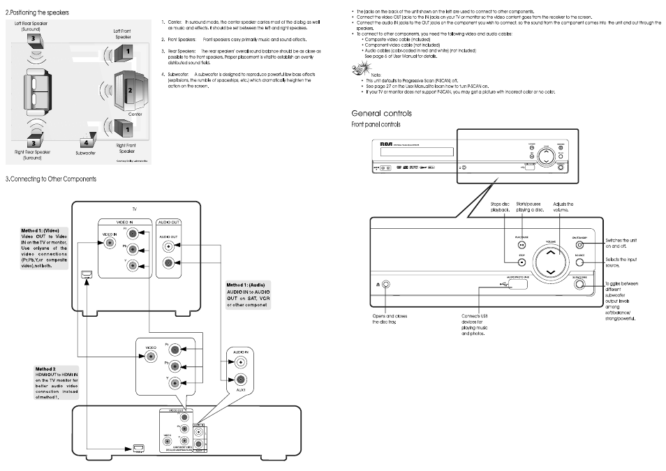General controls, Positioning the speakers | RCA RTD317 User Manual | Page 2 / 2