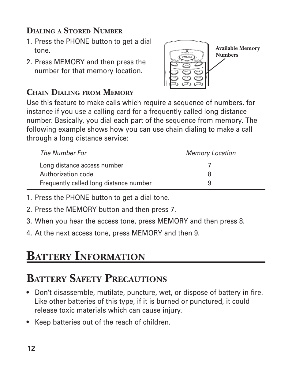 Dialing a stored number, Chain dialing from memory, Attery | Nformation, Afety, Recautions | RCA 2-9917/2-9918 User Manual | Page 12 / 20