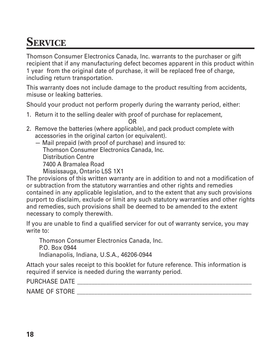 Ervice | RCA 2-9917/2-9918 User Manual | Page 18 / 20