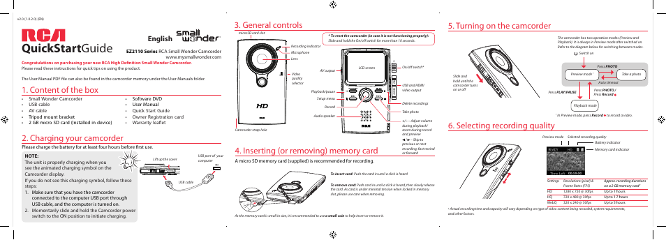 RCA SMALL WONDER EZ2110 User Manual | 2 pages