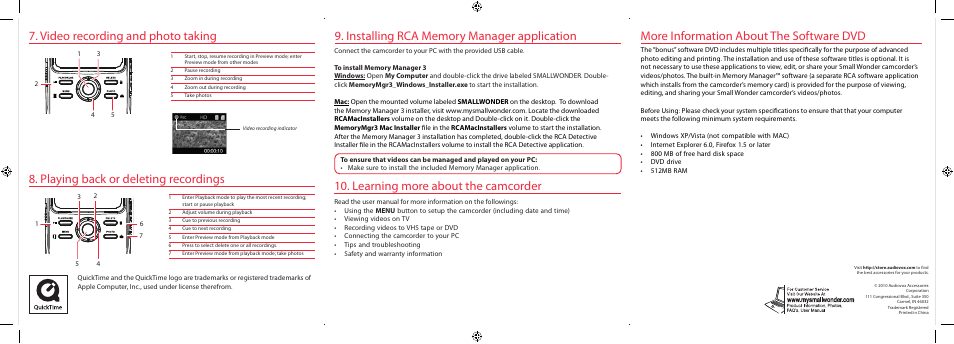 More information about the software dvd, Playing back or deleting recordings | RCA SMALL WONDER EZ2110 User Manual | Page 2 / 2