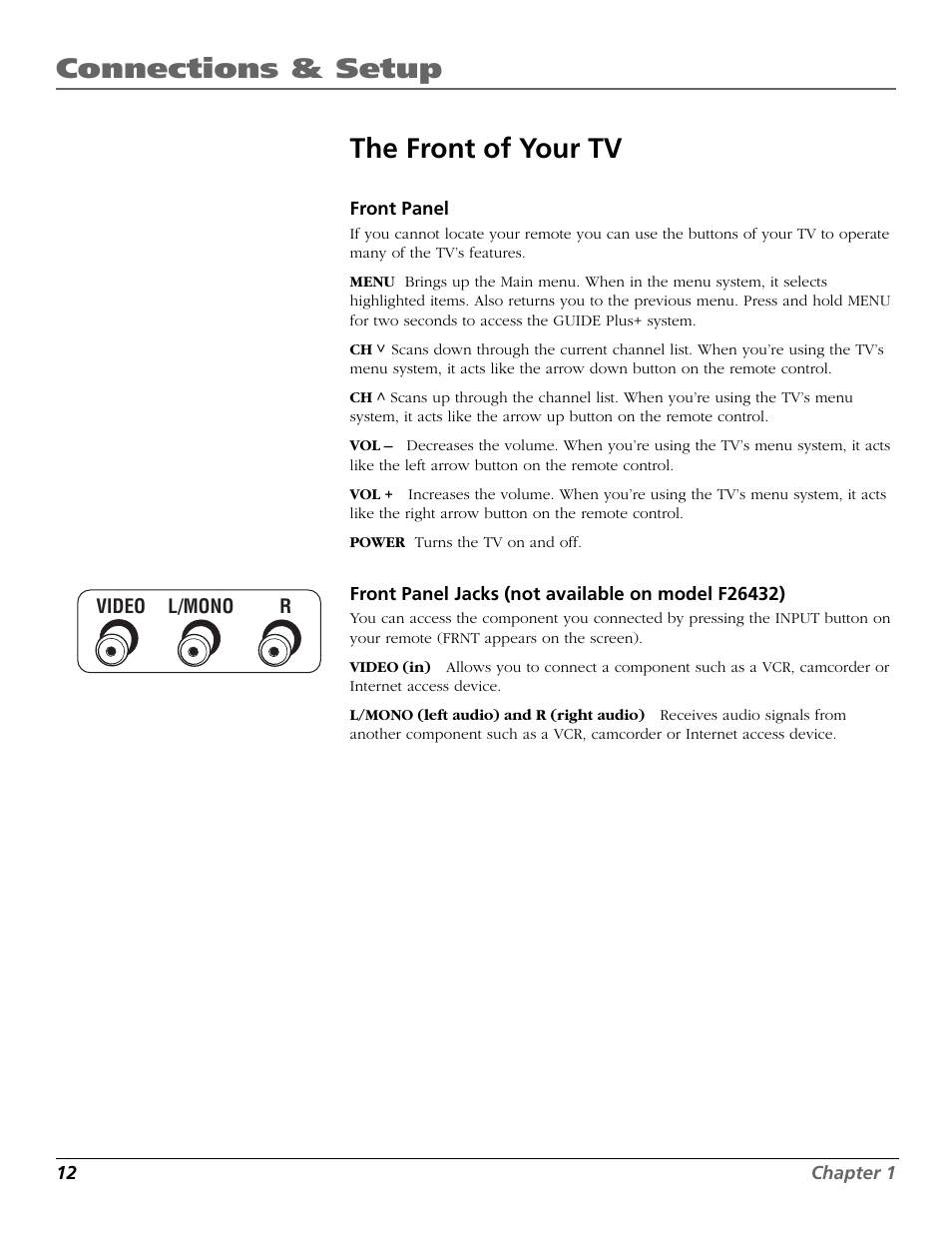 The front of your tv, Connections & setup the front of your tv | RCA F19442 User Manual | Page 14 / 64