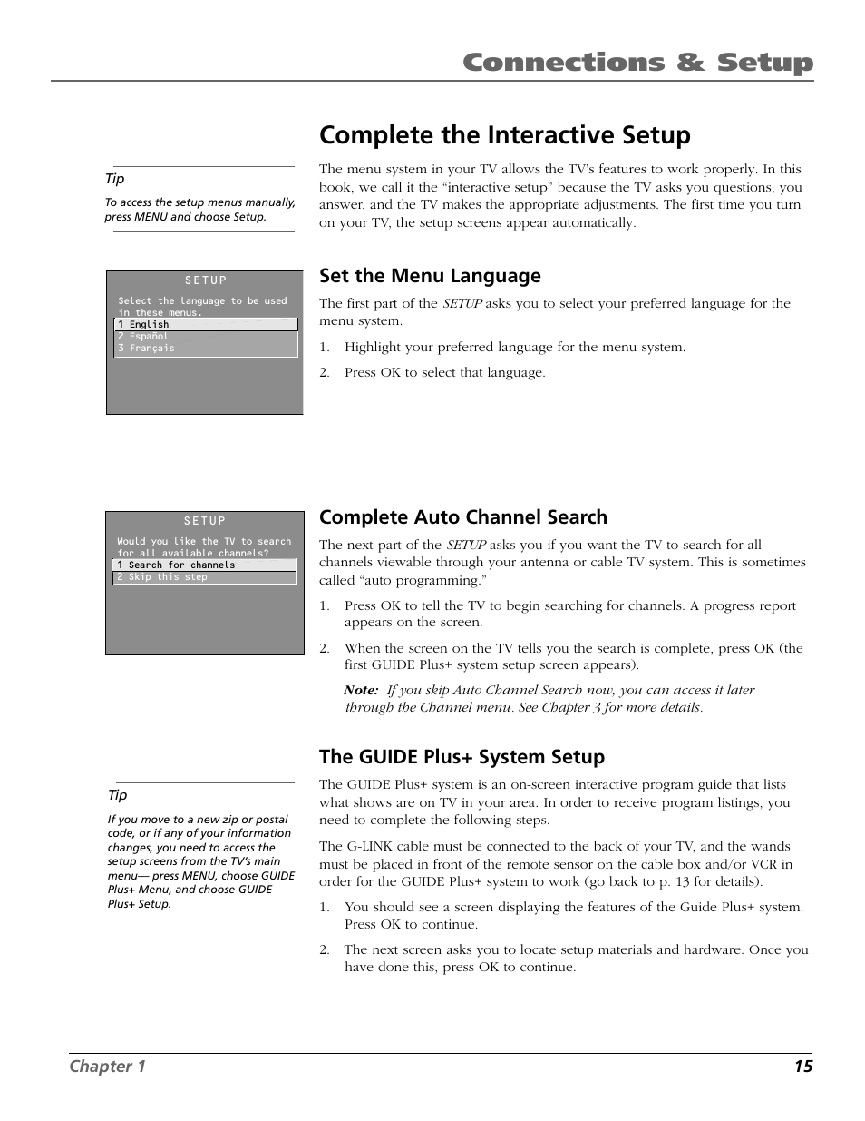 Complete the interactive setup, Set the menu language, Complete auto channel search | The guide plus+ system setup, Connections & setup | RCA F19442 User Manual | Page 17 / 64