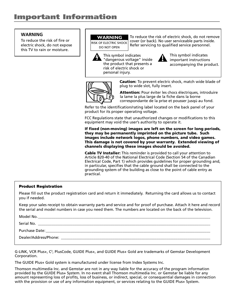 Important information | RCA F19442 User Manual | Page 2 / 64