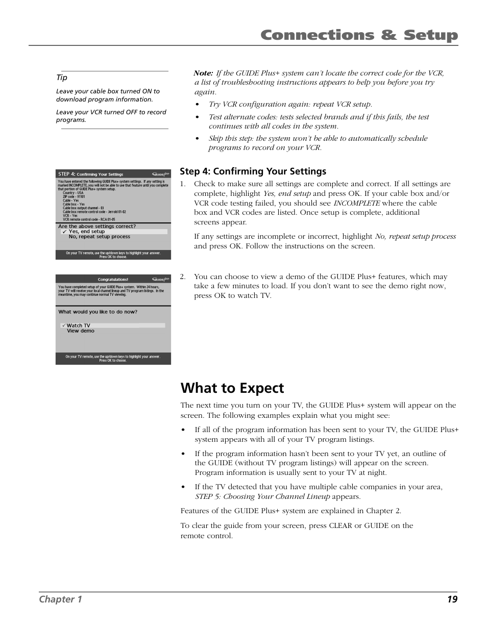 What to expect, Connections & setup | RCA F19442 User Manual | Page 21 / 64