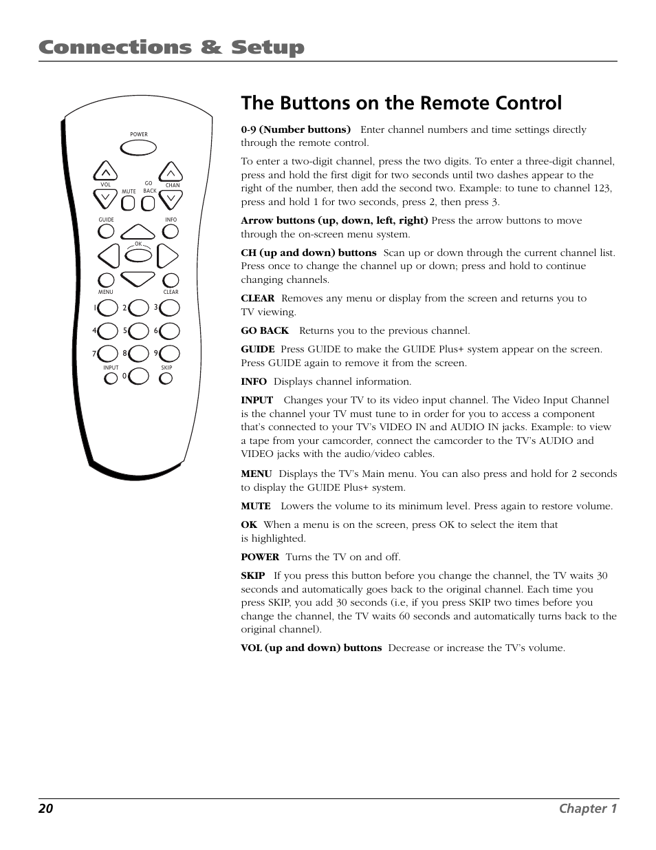 The buttons on the remote control, Connections & setup, 20 chapter 1 | RCA F19442 User Manual | Page 22 / 64