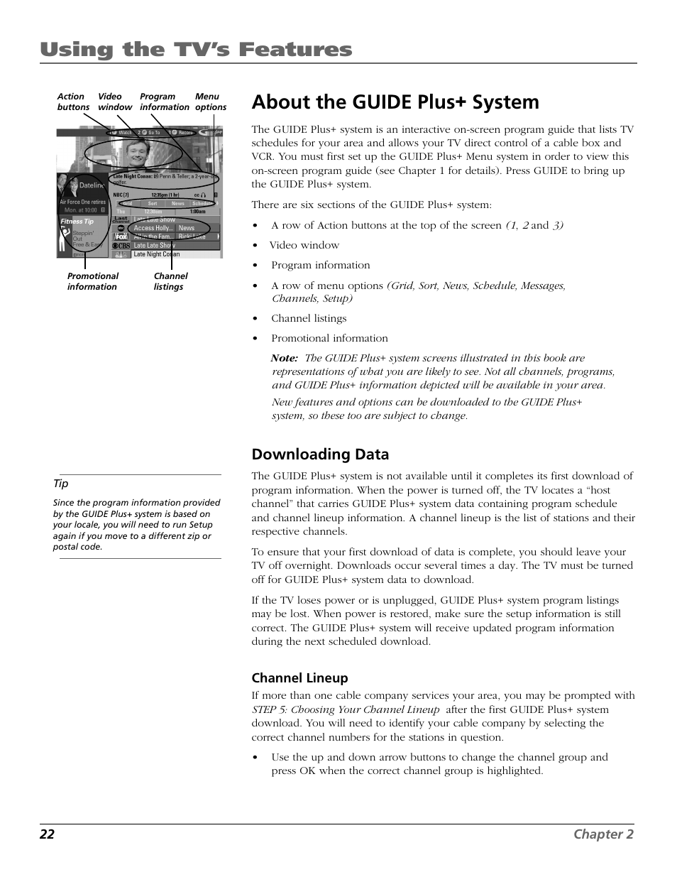 About the guide plus+ system, Downloading data, Using the tv’s features | RCA F19442 User Manual | Page 24 / 64