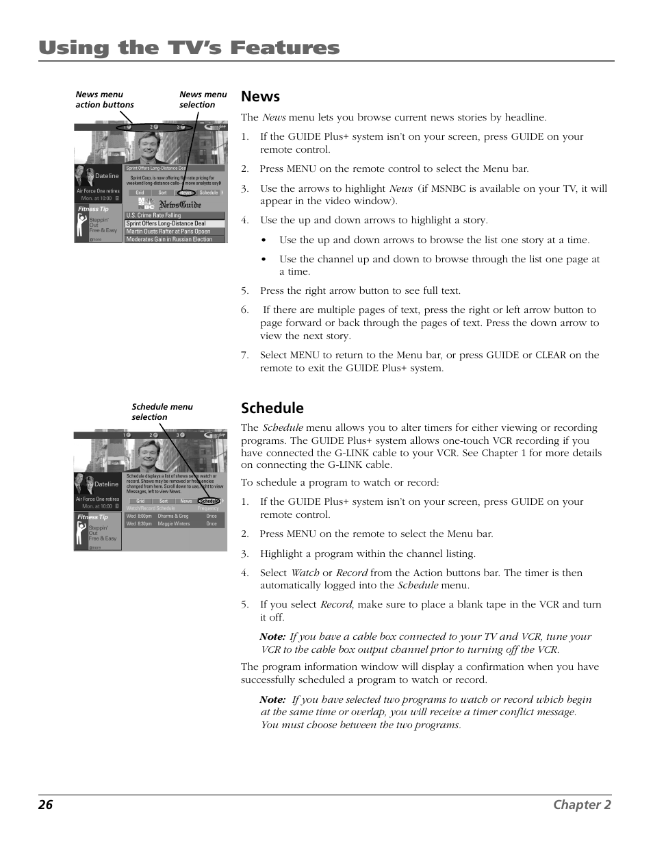 News, Schedule, Using the tv’s features | RCA F19442 User Manual | Page 28 / 64