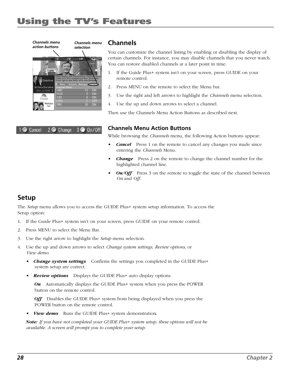 Setup, Using the tv’s features, Channels | RCA F19442 User Manual | Page 30 / 64