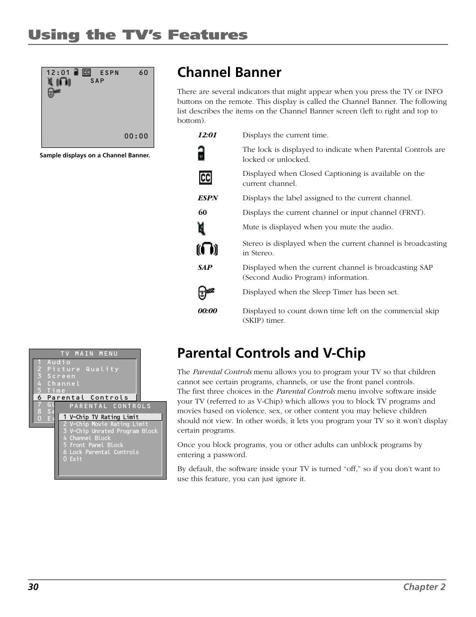 Channel banner, Parental controls and v-chip, Using the tv’s features | RCA F19442 User Manual | Page 32 / 64